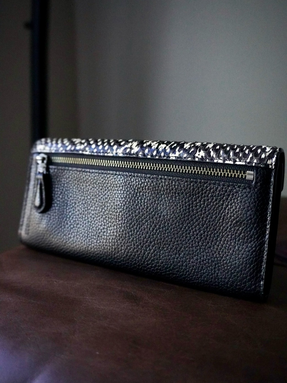 Coach Black Pebbled Leather Wallet with Black & White Snakeskin-Effect Flap - Picture 2 of 7